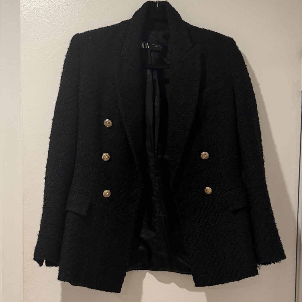 Zara Black Double-Breasted Women's Tweed Blazer
